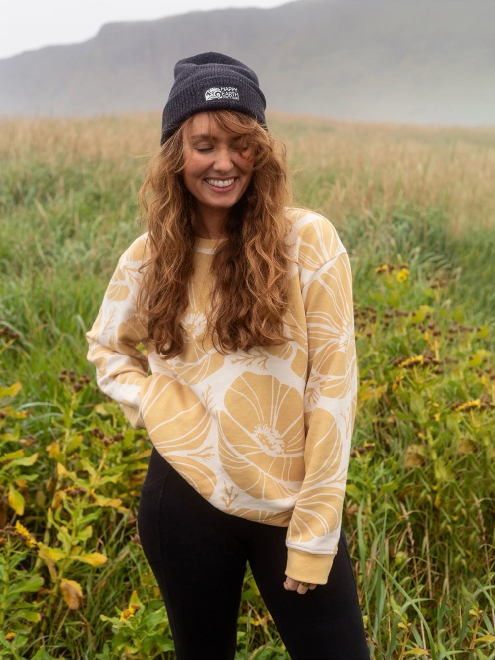 Poppies Pullover Sweatshirt HAPPY EARTH Soft Organic Cotton Yellow/White Size L